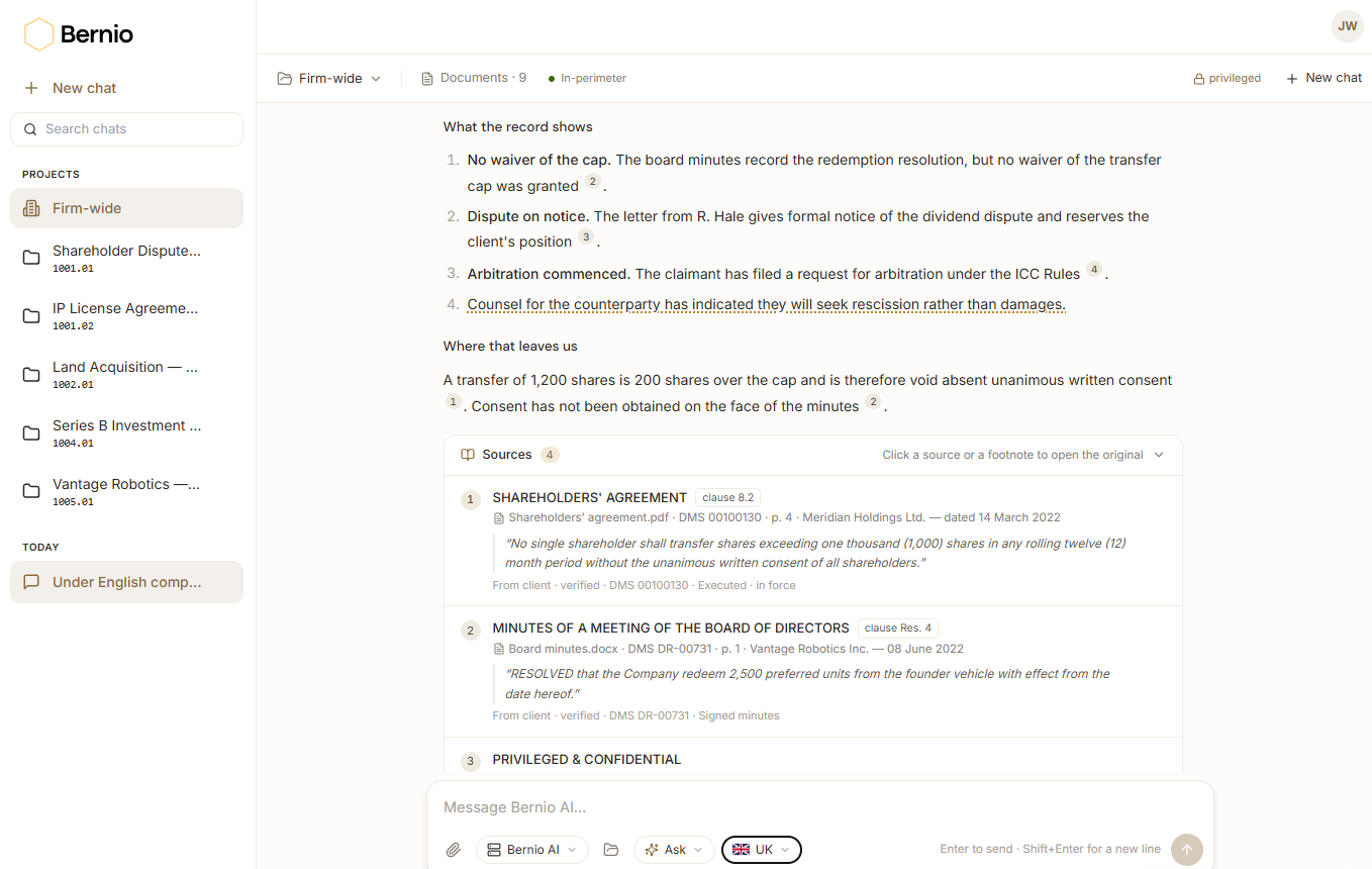 Bernio Chat answering a question in a shareholder dispute: what the record shows and where that leaves the client, each point footnoted to its source document, inside the firm’s perimeter.